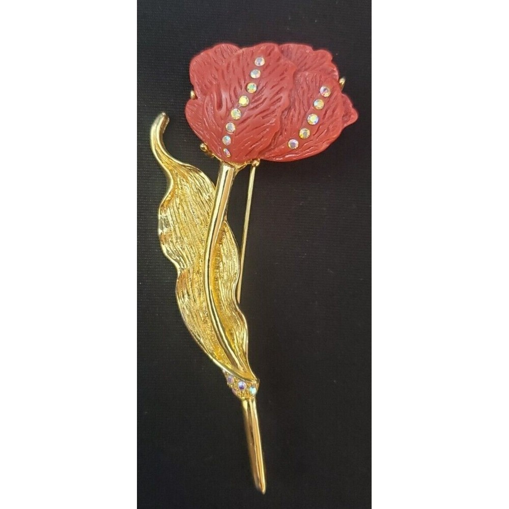 Vintage Estate Retro Gold Tone Red Rose Flower Brooch Enamel Pin Rhinestones